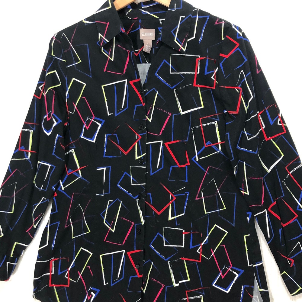 Chico's Button-Up Top Abstract Print Long Sleeve Blouse Career‎ Casual Size 1